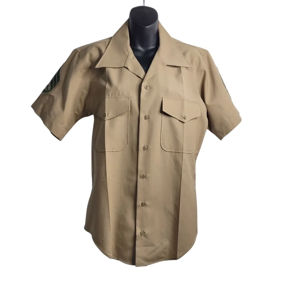 Vtg USMC US Marine Corps Military Army Khaki Chino Button Collar Shirt Size M